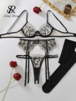 Conjunto de lencería erótica SINGREINY de tres piezas: sujetador transparente con tirantes y bordados, bragas y medias, conjunto de sujetador floral con tirantes y tangas + calcetines, colección 2026 - Imagen 3