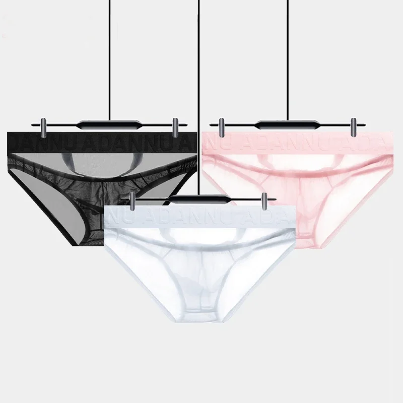 Ropa interior sexy para hombre, de tiro bajo, con tejido de malla transparente y cinturilla con estampado de motivos chinos, tanga transpirable para uso diario y nocturno.