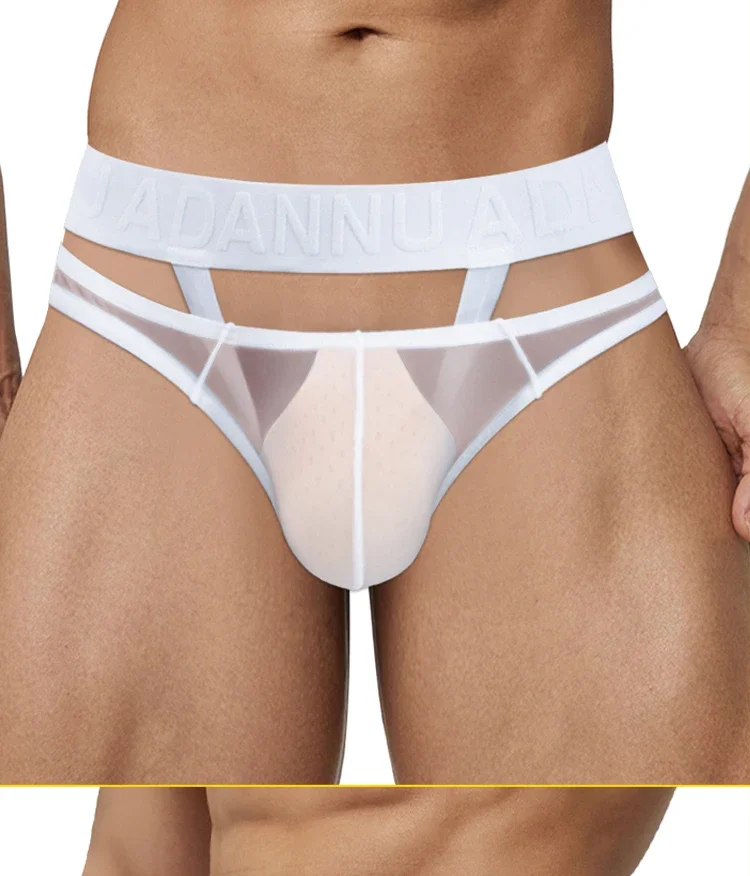 Ropa interior sexy para hombre, de tiro bajo, con tejido de malla transparente y cinturilla con estampado de motivos chinos, tanga transpirable para uso diario y nocturno.