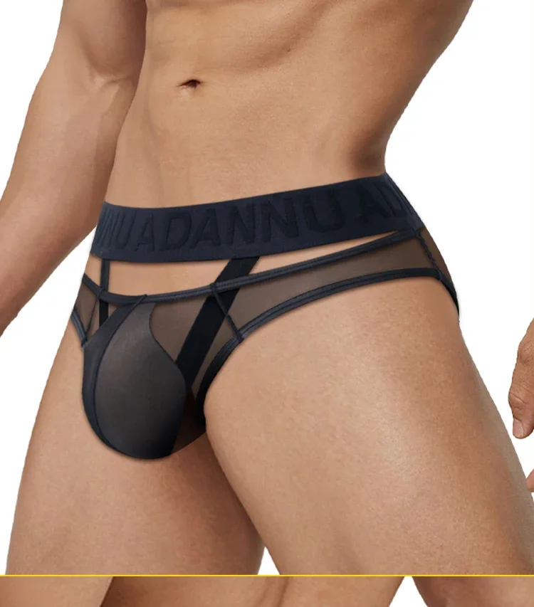 Ropa interior sexy para hombre, de tiro bajo, con tejido de malla transparente y cinturilla con estampado de motivos chinos, tanga transpirable para uso diario y nocturno.