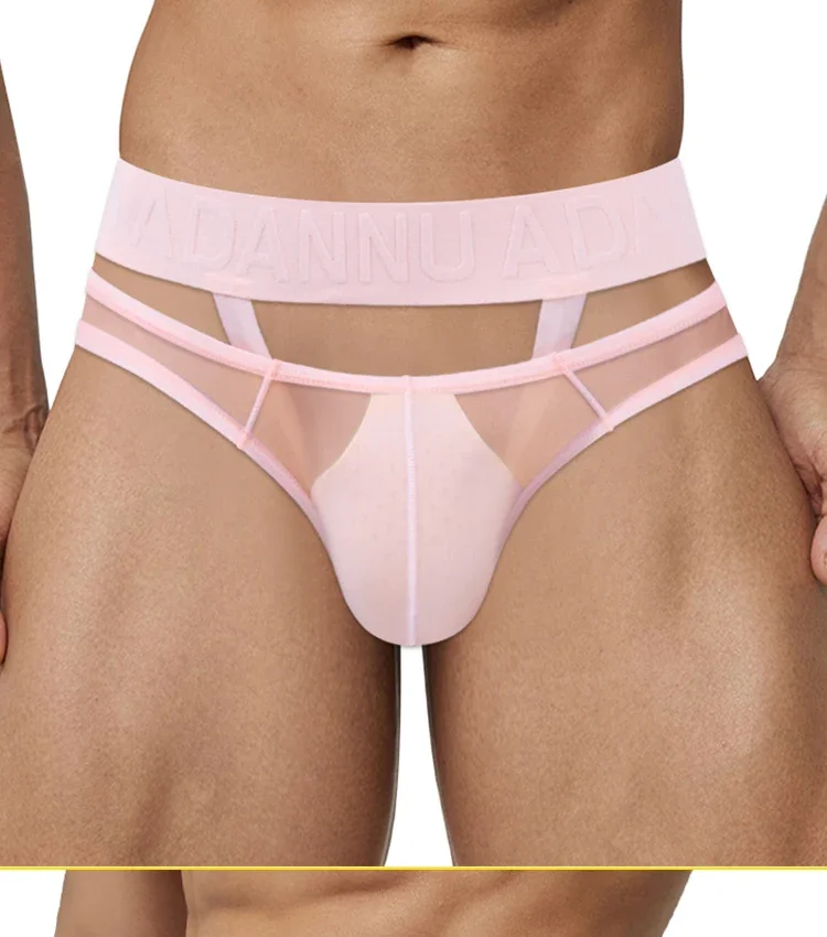 Ropa interior sexy para hombre, de tiro bajo, con tejido de malla transparente y cinturilla con estampado de motivos chinos, tanga transpirable para uso diario y nocturno.