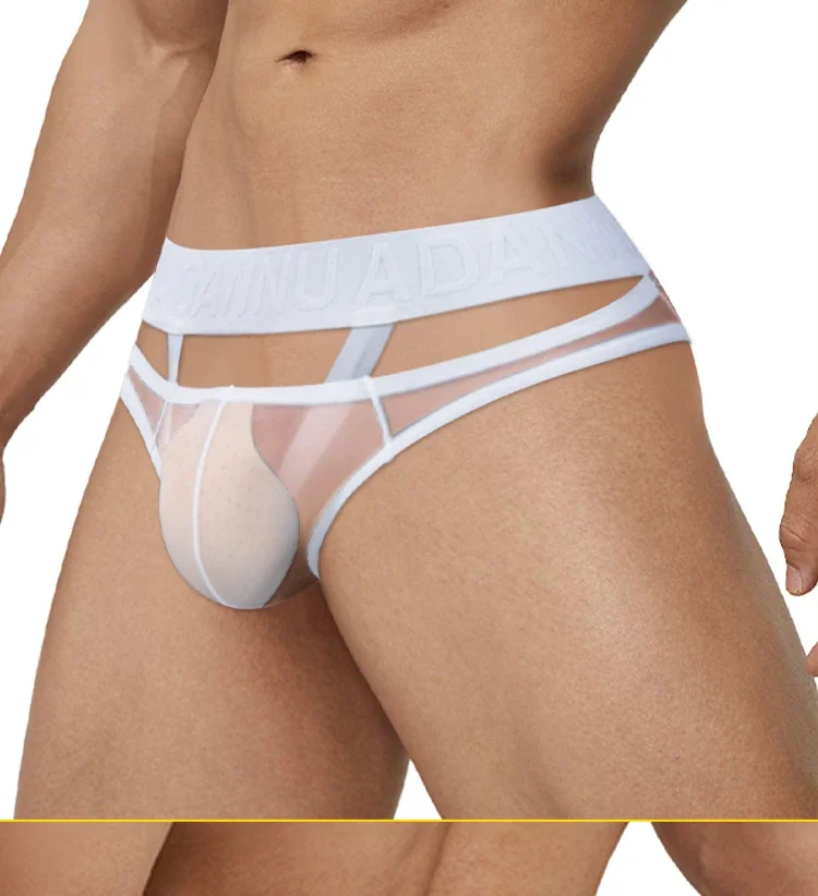Ropa interior sexy para hombre, de tiro bajo, con tejido de malla transparente y cinturilla con estampado de motivos chinos, tanga transpirable para uso diario y nocturno.