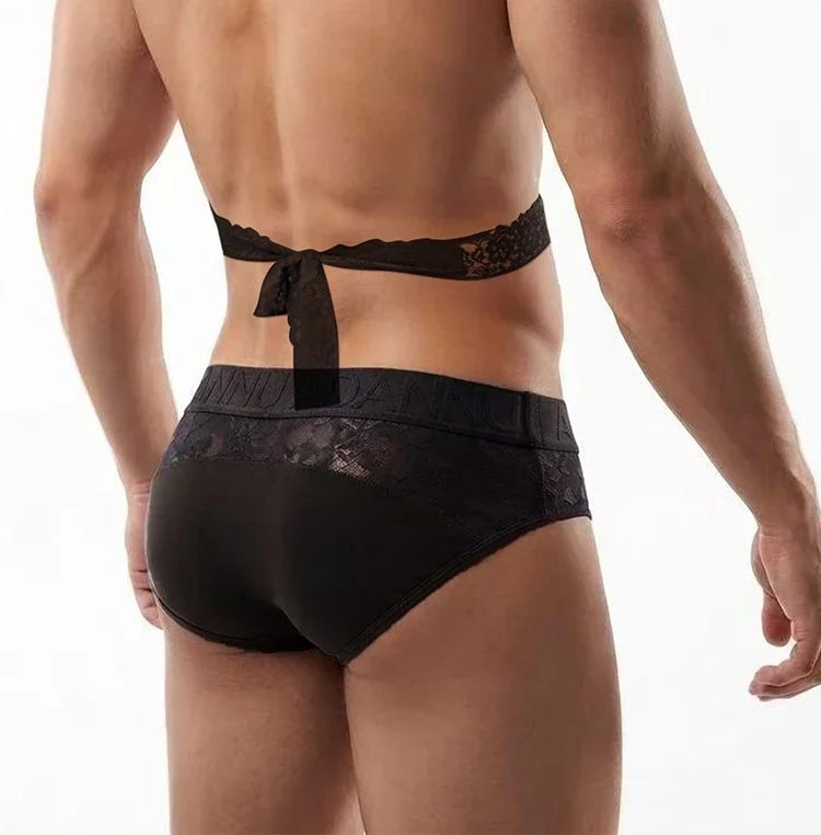 Conjunto de 2 calzoncillos de encaje para hombre, con cinturón de encaje y cintura con relieve, transparencia y tejido transpirable.