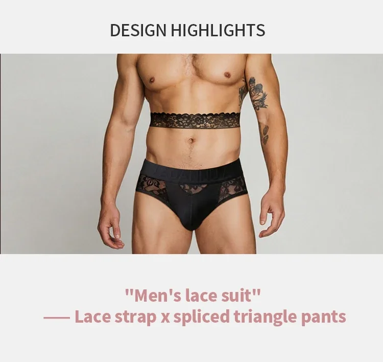 Conjunto de 2 calzoncillos de encaje para hombre, con cinturón de encaje y cintura con relieve, transparencia y tejido transpirable.
