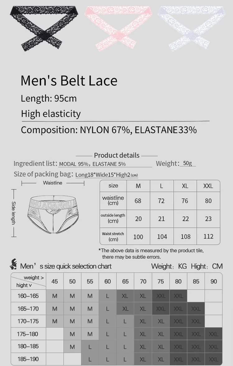 Conjunto de 2 calzoncillos de encaje para hombre, con cinturón de encaje y cintura con relieve, transparencia y tejido transpirable.