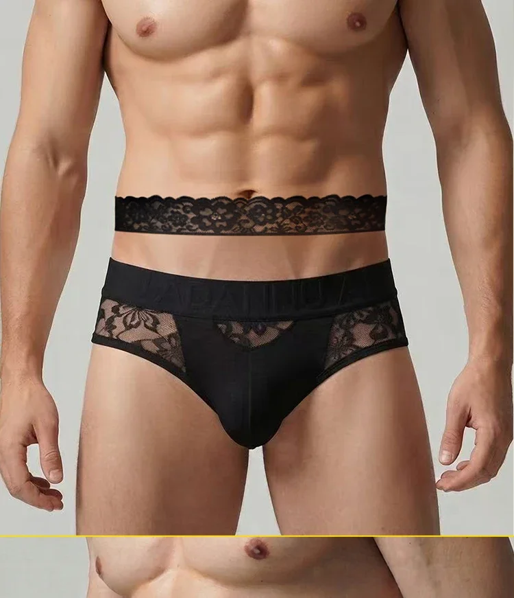 Conjunto de 2 calzoncillos de encaje para hombre, con cinturón de encaje y cintura con relieve, transparencia y tejido transpirable.
