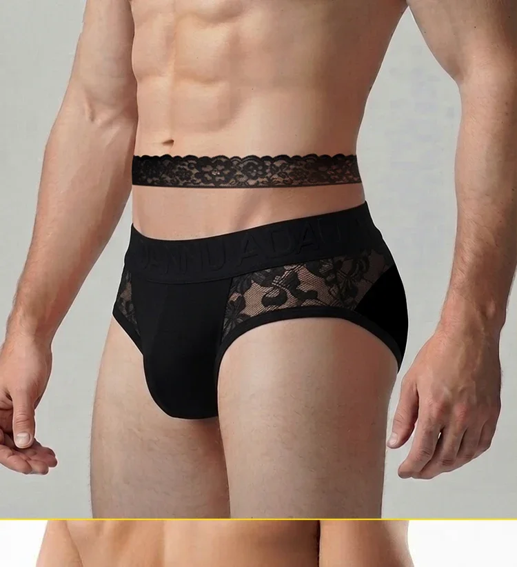 Conjunto de 2 calzoncillos de encaje para hombre, con cinturón de encaje y cintura con relieve, transparencia y tejido transpirable.