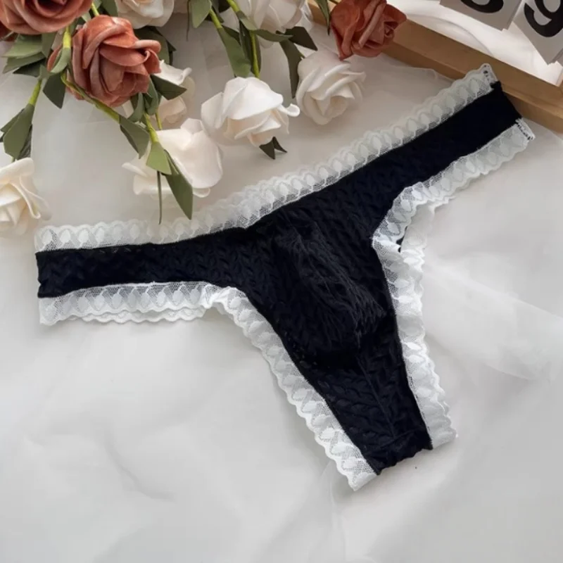 Tanga sexy de encaje para hombre, con bolsa de realce, cintura baja, estilo bikini, malla ultrafina, espalda en T, ropa interior para crossdressing