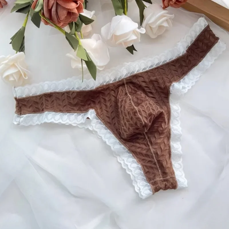 Tanga sexy de encaje para hombre, con bolsa de realce, cintura baja, estilo bikini, malla ultrafina, espalda en T, ropa interior para crossdressing