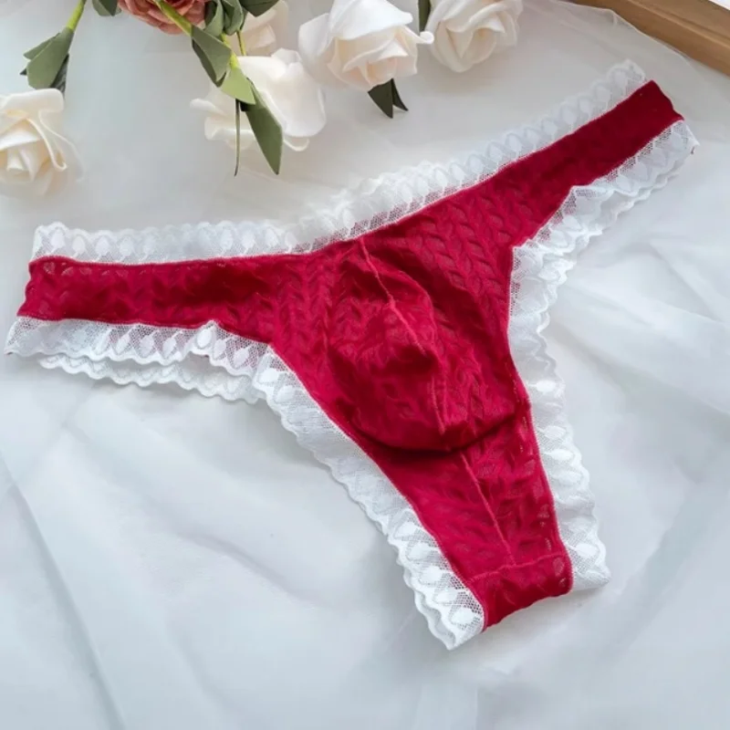 Tanga sexy de encaje para hombre, con bolsa de realce, cintura baja, estilo bikini, malla ultrafina, espalda en T, ropa interior para crossdressing