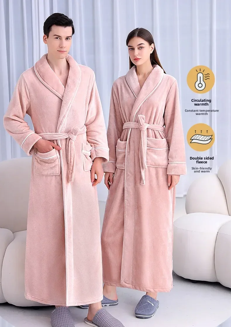 Camisón de franela extendido y grueso para hombre, albornoz de lana Coral de talla grande para mujer, otoño e invierno, 2026