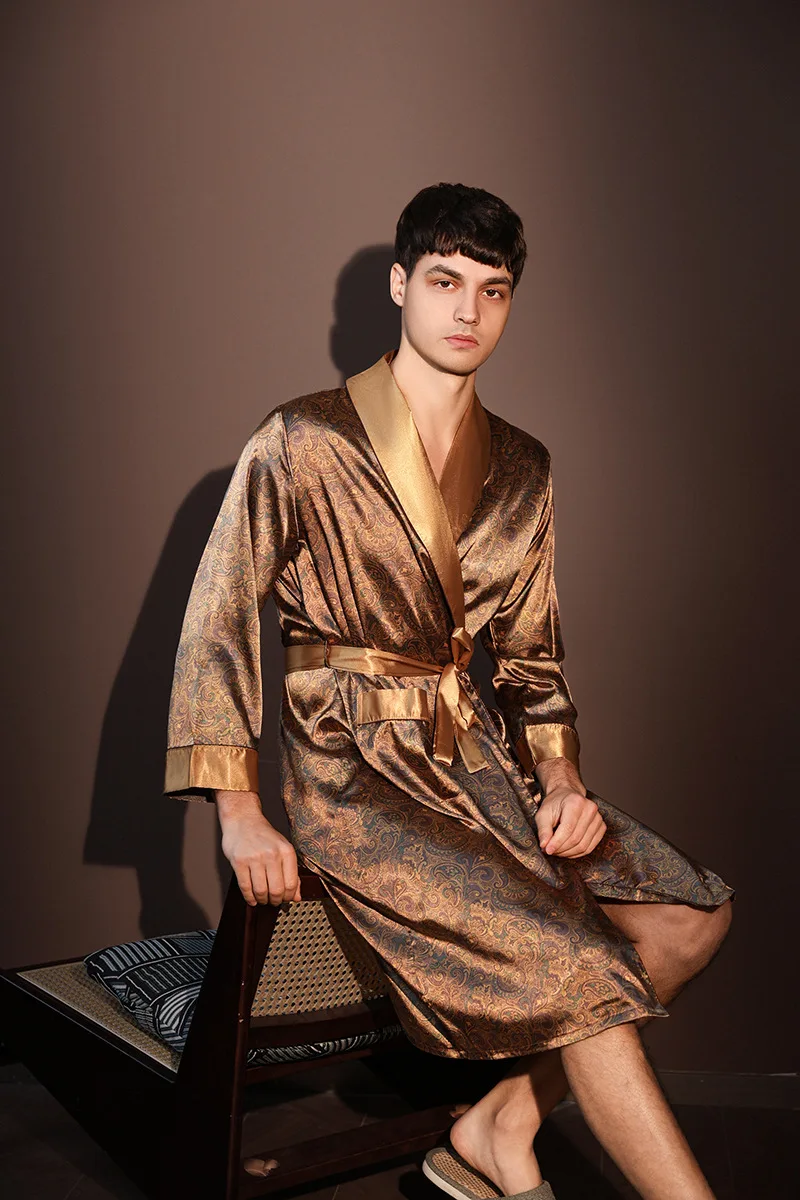 Albornoz fino de verano para hombre, pijamas estampados de seda helada de talla grande, bata de una pieza, ropa de descanso para hombre, primavera