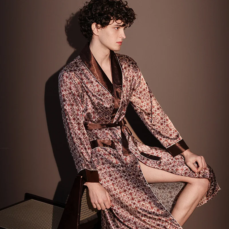Albornoz fino de verano para hombre, pijamas estampados de seda helada de talla grande, bata de una pieza, ropa de descanso para hombre, primavera