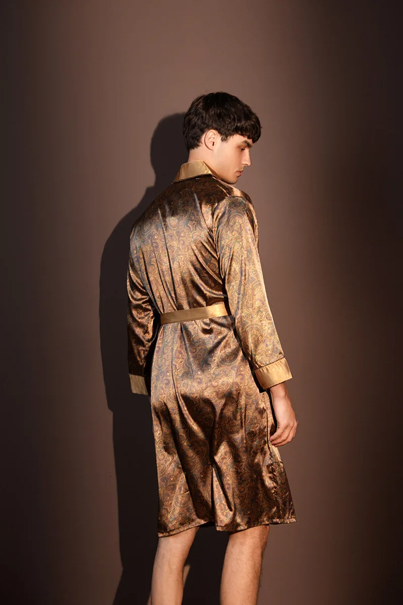 Albornoz fino de verano para hombre, pijamas estampados de seda helada de talla grande, bata de una pieza, ropa de descanso para hombre, primavera