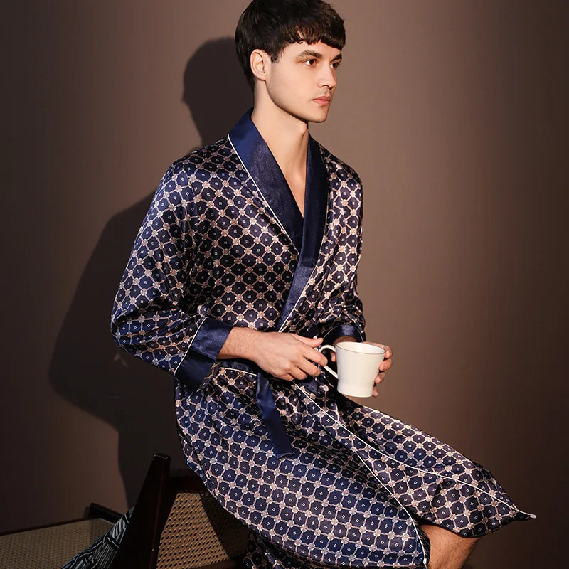 Albornoz fino de verano para hombre, pijamas estampados de seda helada de talla grande, bata de una pieza, ropa de descanso para hombre, primavera