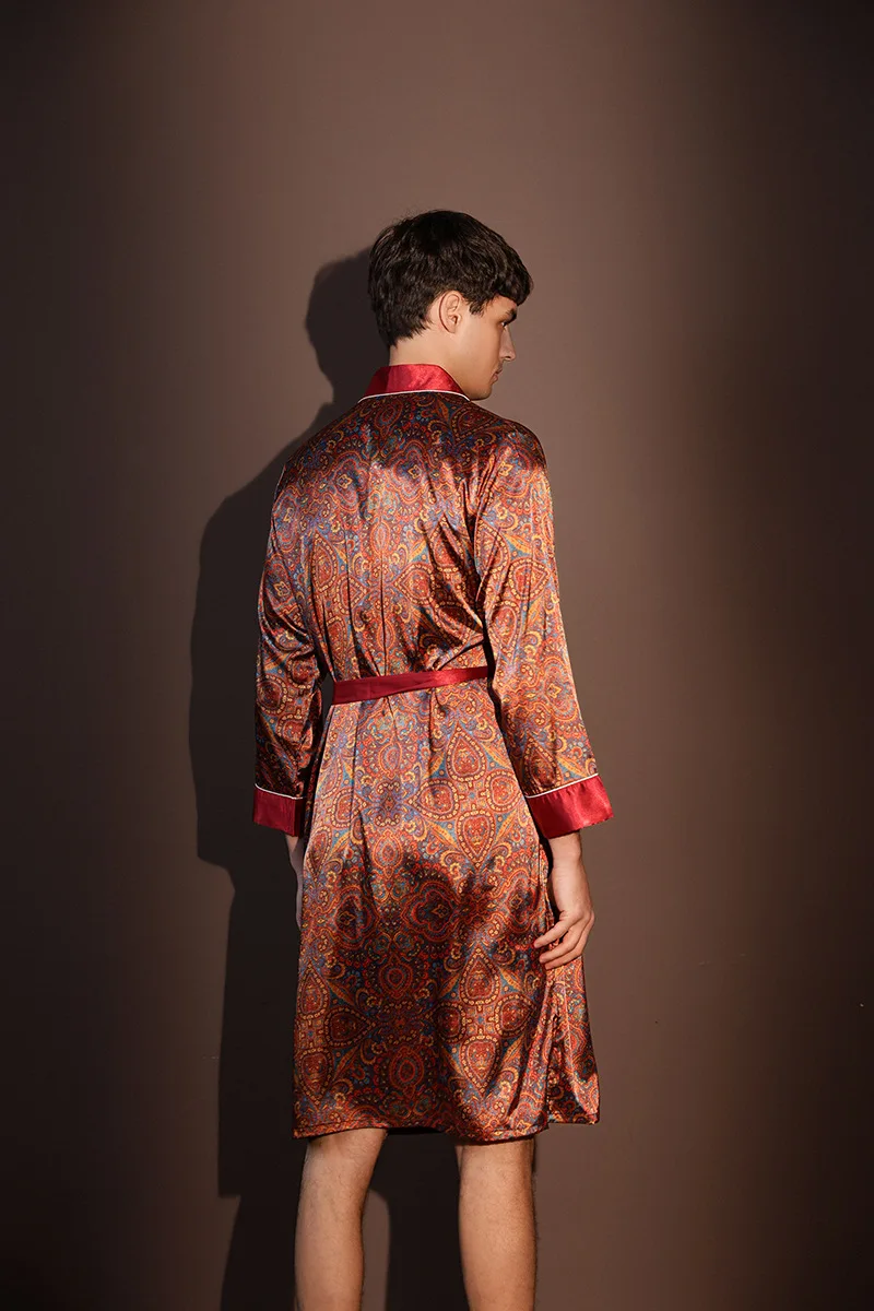 Albornoz fino de verano para hombre, pijamas estampados de seda helada de talla grande, bata de una pieza, ropa de descanso para hombre, primavera