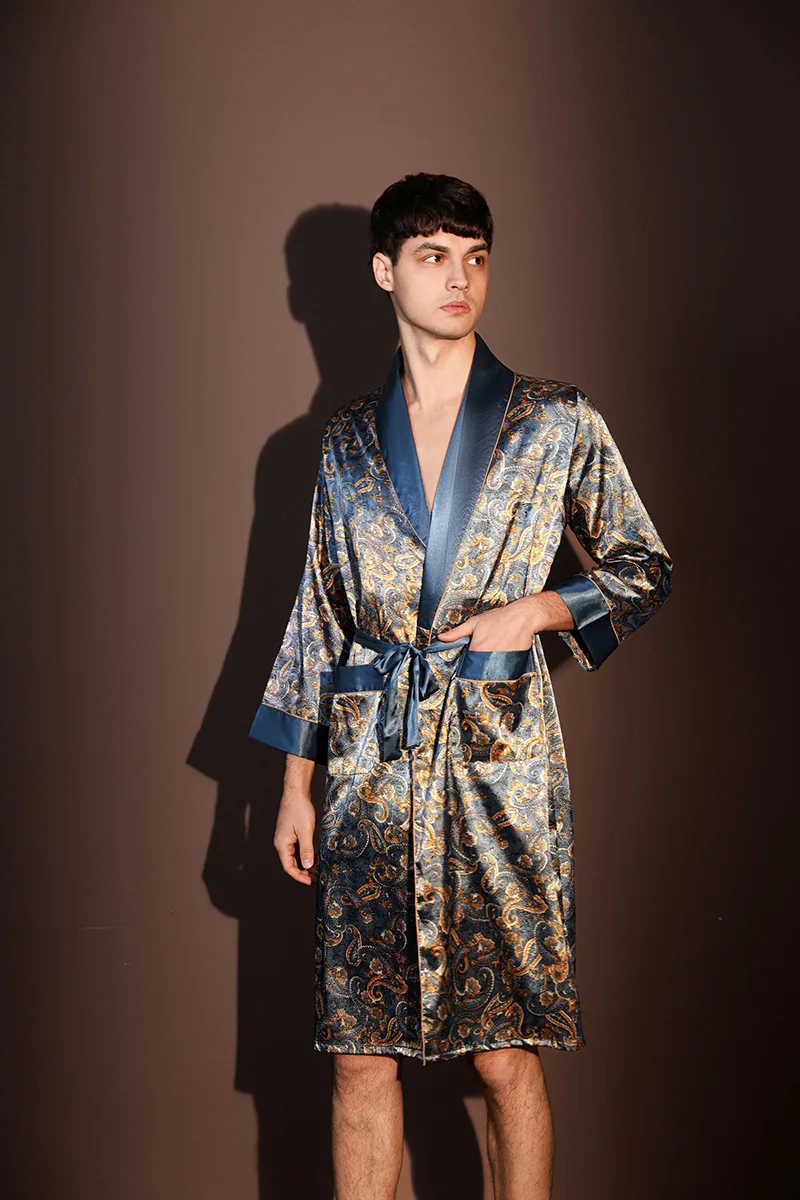 Albornoz fino de verano para hombre, pijamas estampados de seda helada de talla grande, bata de una pieza, ropa de descanso para hombre, primavera