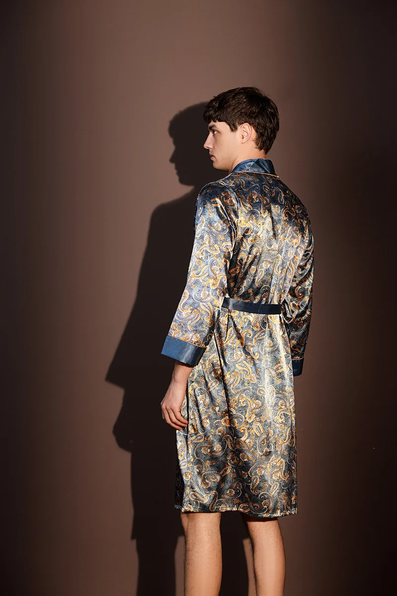 Albornoz fino de verano para hombre, pijamas estampados de seda helada de talla grande, bata de una pieza, ropa de descanso para hombre, primavera