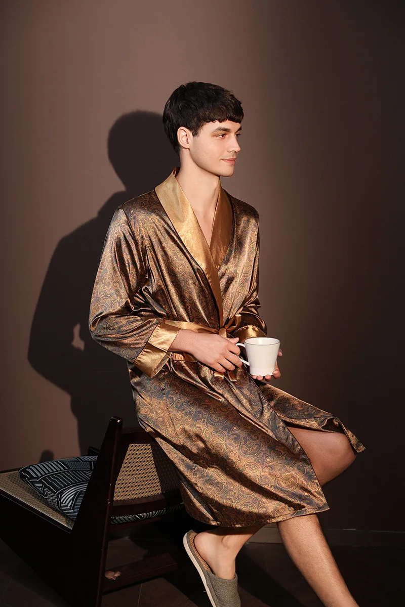 Albornoz fino de verano para hombre, pijamas estampados de seda helada de talla grande, bata de una pieza, ropa de descanso para hombre, primavera