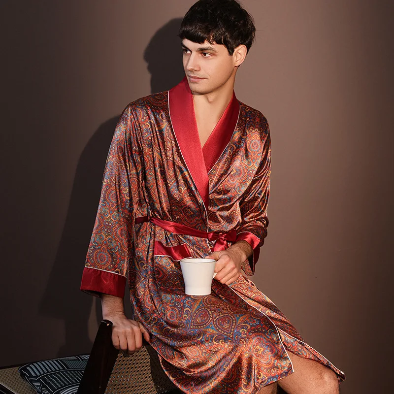 Albornoz fino de verano para hombre, pijamas estampados de seda helada de talla grande, bata de una pieza, ropa de descanso para hombre, primavera