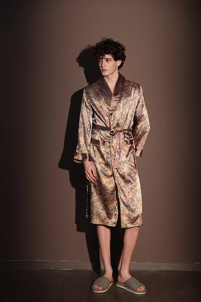 Albornoz fino de verano para hombre, pijamas estampados de seda helada de talla grande, bata de una pieza, ropa de descanso para hombre, primavera