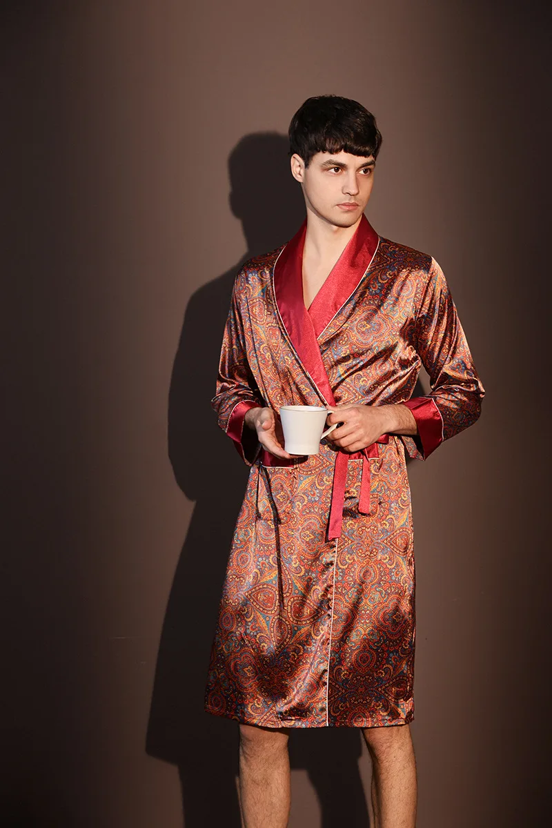 Albornoz fino de verano para hombre, pijamas estampados de seda helada de talla grande, bata de una pieza, ropa de descanso para hombre, primavera