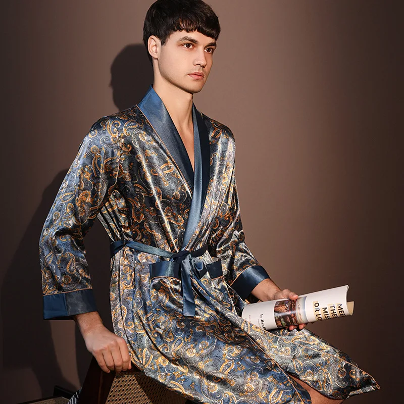 Albornoz fino de verano para hombre, pijamas estampados de seda helada de talla grande, bata de una pieza, ropa de descanso para hombre, primavera