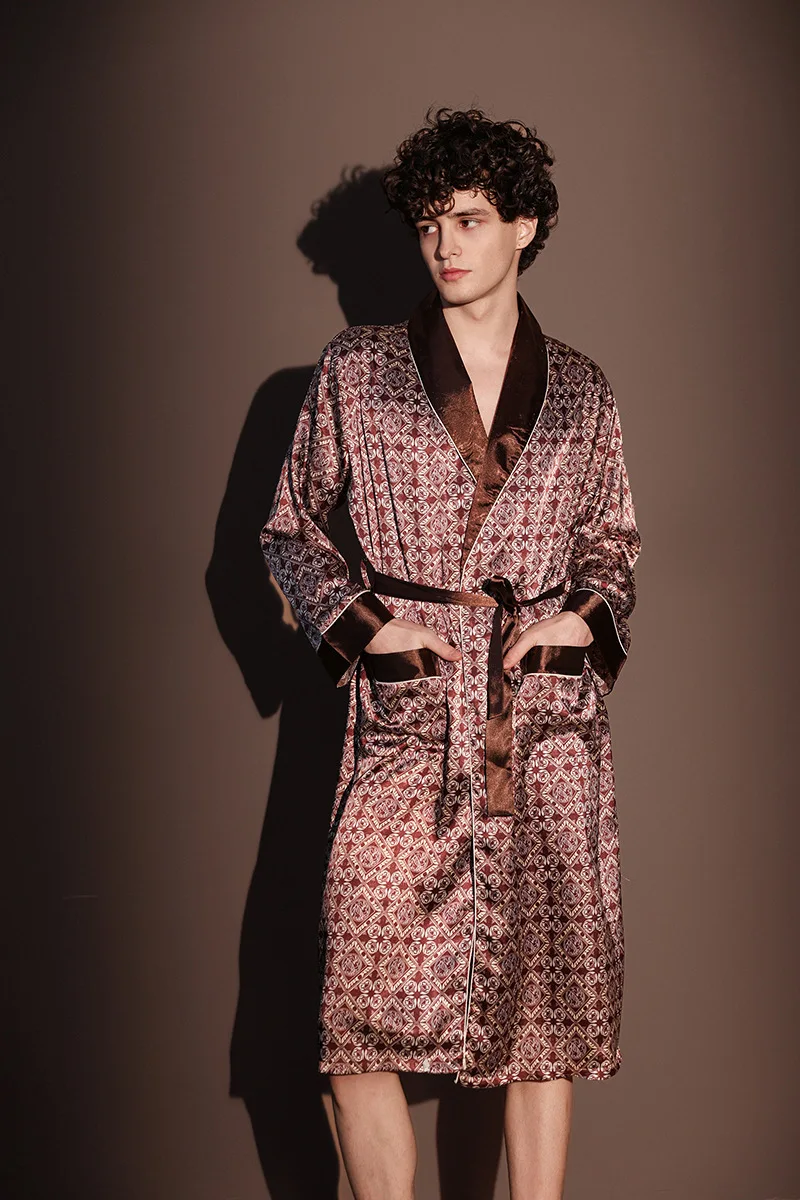Albornoz fino de verano para hombre, pijamas estampados de seda helada de talla grande, bata de una pieza, ropa de descanso para hombre, primavera