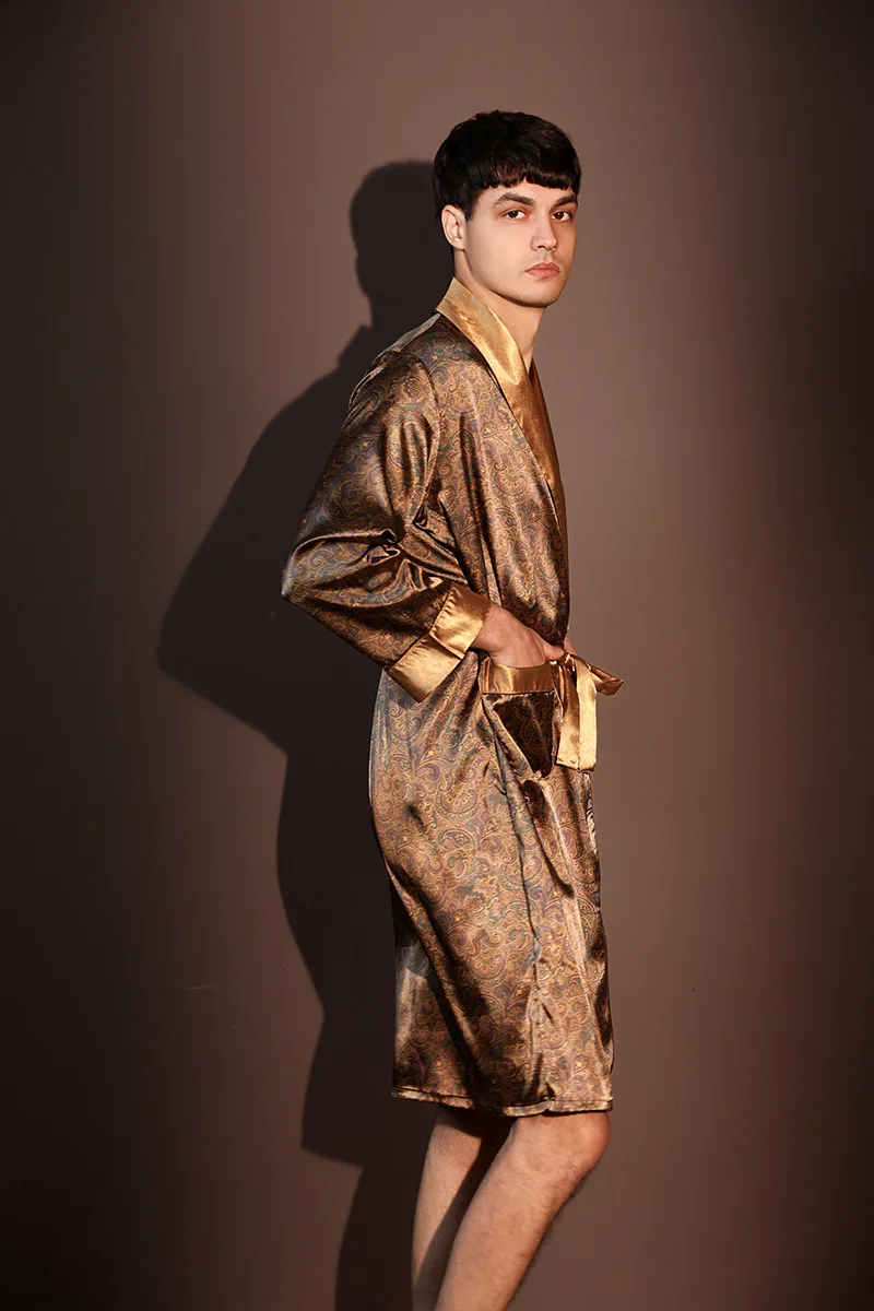 Albornoz fino de verano para hombre, pijamas estampados de seda helada de talla grande, bata de una pieza, ropa de descanso para hombre, primavera