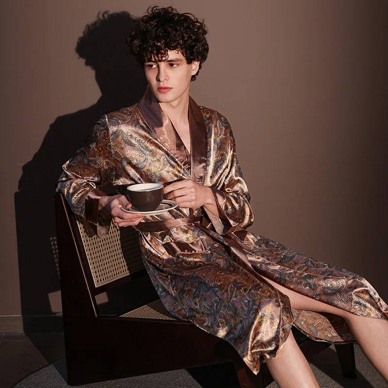Albornoz fino de verano para hombre, pijamas estampados de seda helada de talla grande, bata de una pieza, ropa de descanso para hombre, primavera