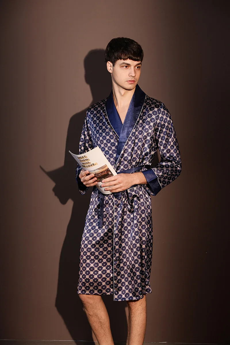 Albornoz fino de verano para hombre, pijamas estampados de seda helada de talla grande, bata de una pieza, ropa de descanso para hombre, primavera