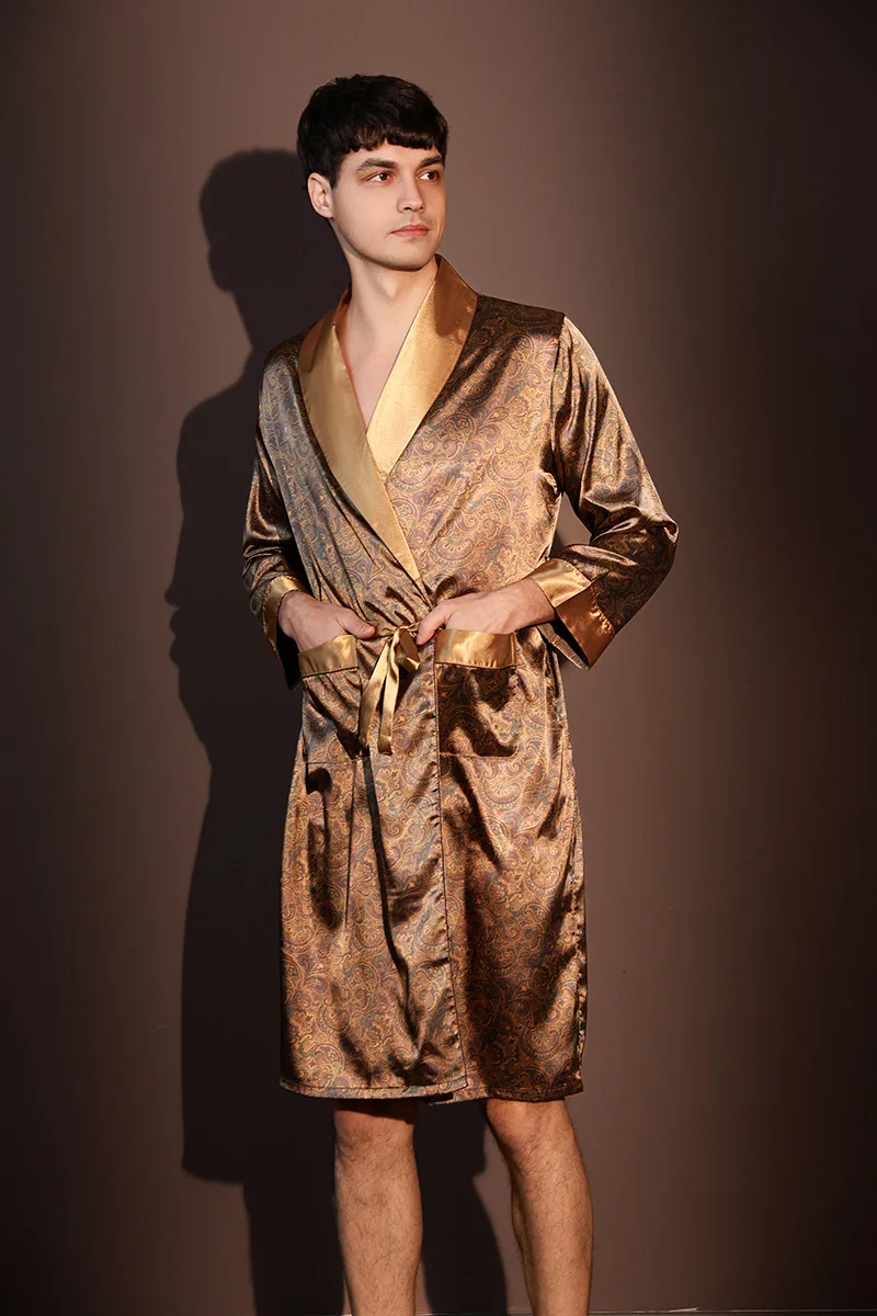 Albornoz fino de verano para hombre, pijamas estampados de seda helada de talla grande, bata de una pieza, ropa de descanso para hombre, primavera