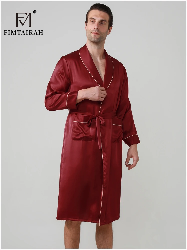 FIMTAIRAH-batas de seda Real para hombre, ropa de dormir masculina de manga larga, a la moda, elegante, para el hogar, 19MM, 100%