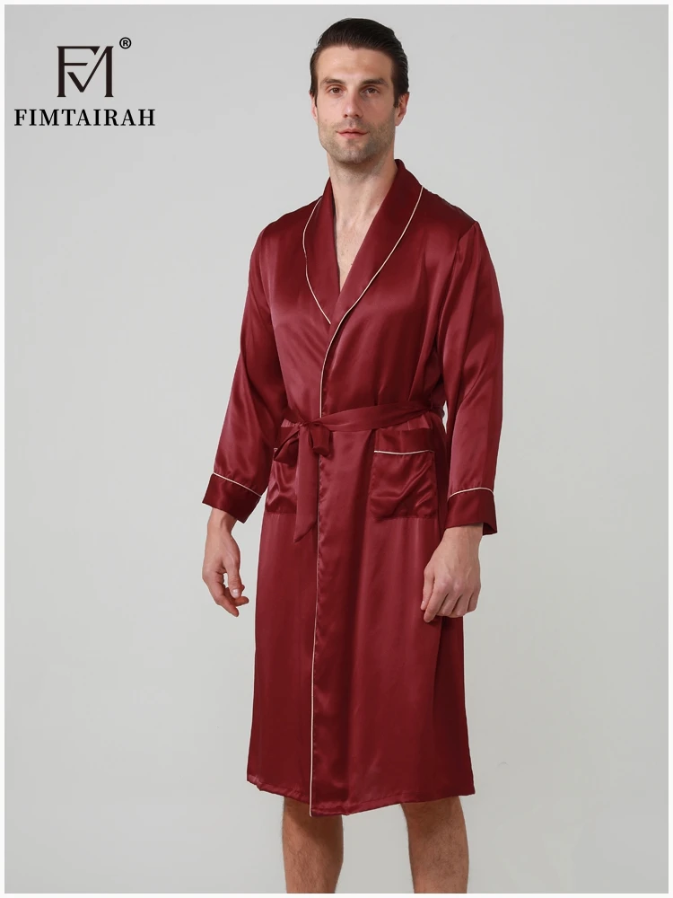 FIMTAIRAH-batas de seda Real para hombre, ropa de dormir masculina de manga larga, a la moda, elegante, para el hogar, 19MM, 100%