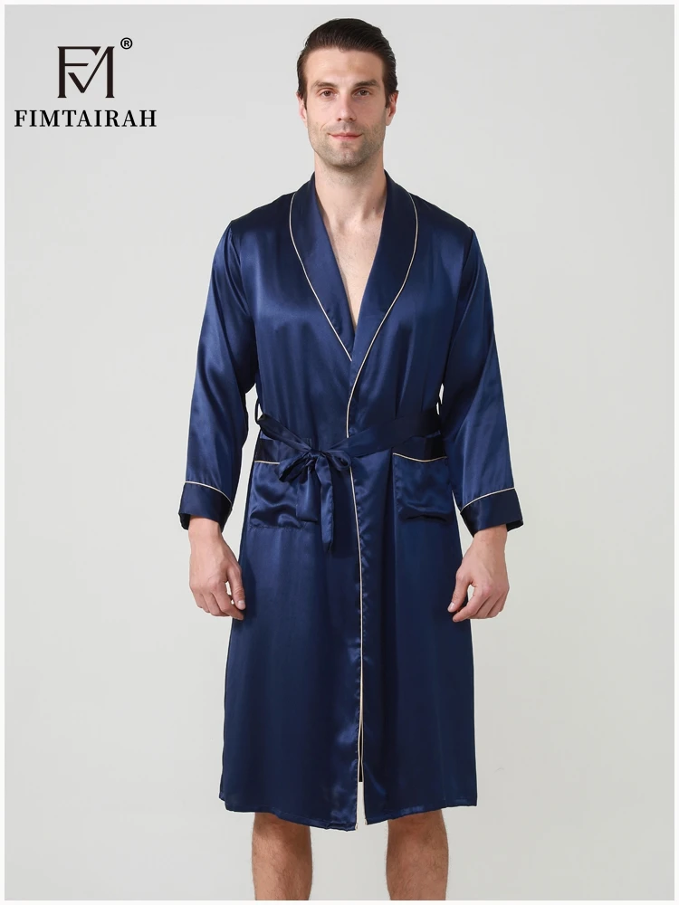 FIMTAIRAH-batas de seda Real para hombre, ropa de dormir masculina de manga larga, a la moda, elegante, para el hogar, 19MM, 100%