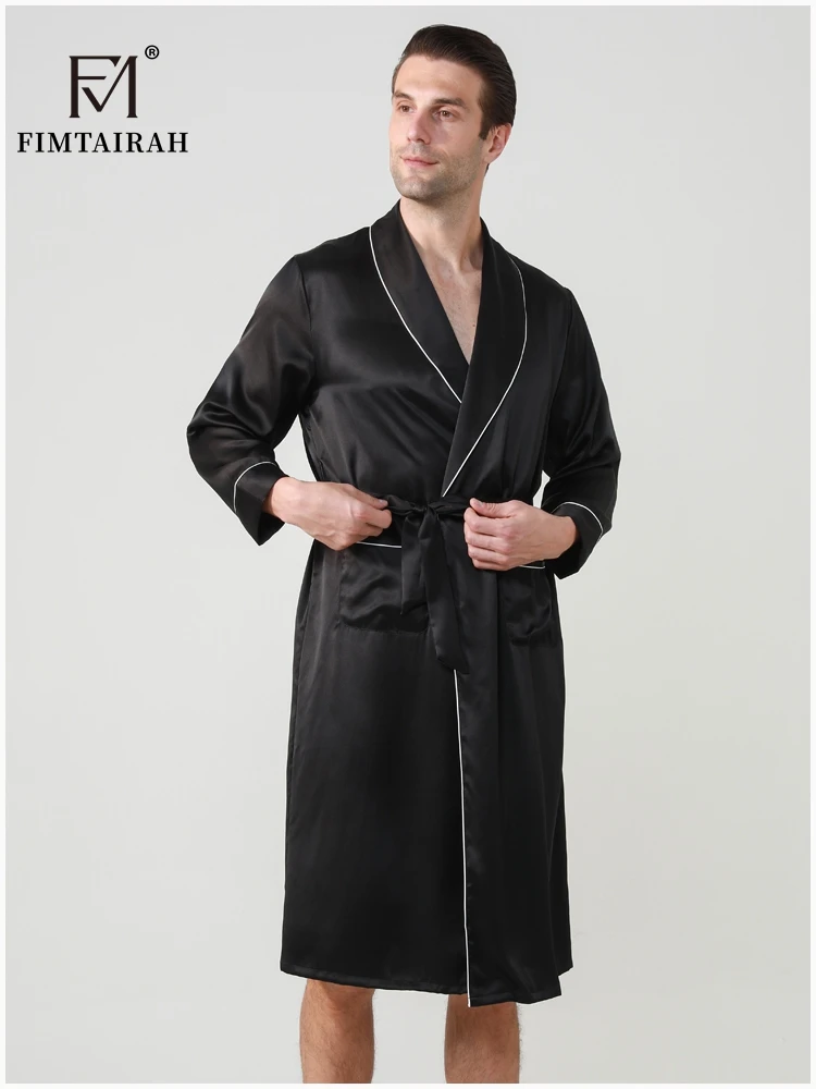 FIMTAIRAH-batas de seda Real para hombre, ropa de dormir masculina de manga larga, a la moda, elegante, para el hogar, 19MM, 100%