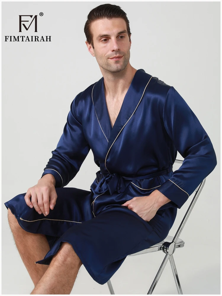 FIMTAIRAH-batas de seda Real para hombre, ropa de dormir masculina de manga larga, a la moda, elegante, para el hogar, 19MM, 100%