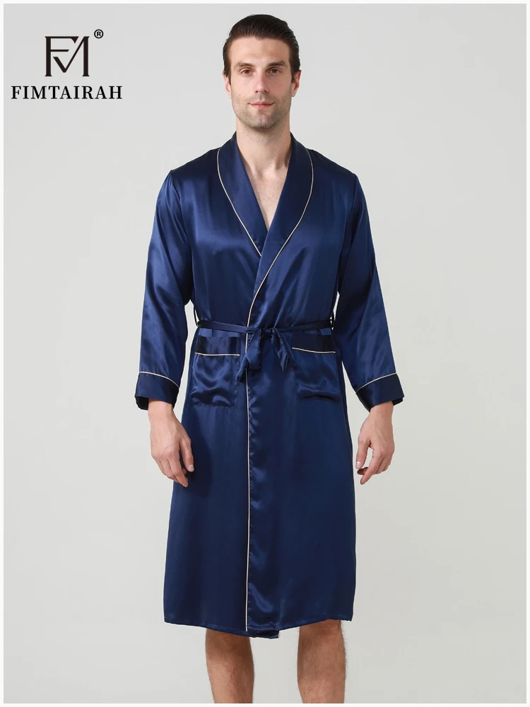 FIMTAIRAH-batas de seda Real para hombre, ropa de dormir masculina de manga larga, a la moda, elegante, para el hogar, 19MM, 100%