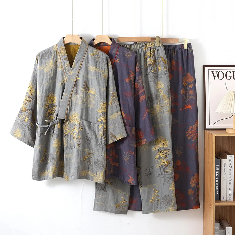 Otoño Kimono batas de primavera para hombres con pantalones largos conjunto de pijamas ropa para el hogar Pijama suelto de algodón ropa masculina