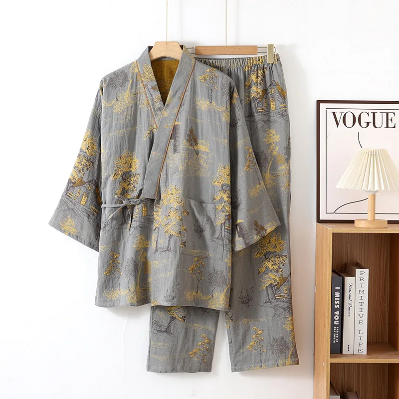 Otoño Kimono batas de primavera para hombres con pantalones largos conjunto de pijamas ropa para el hogar Pijama suelto de algodón ropa masculina