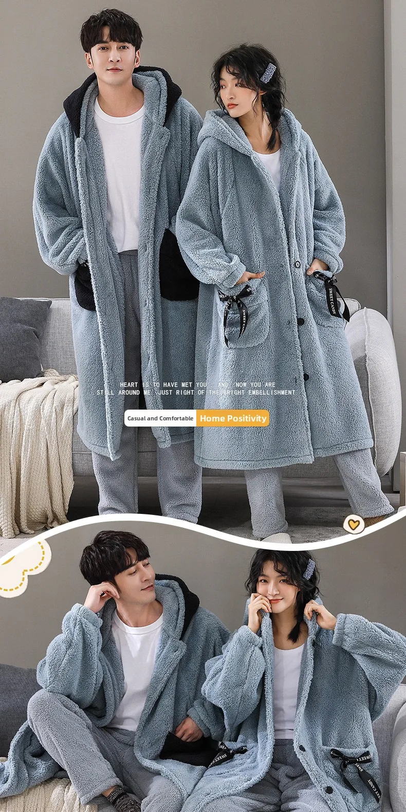 Conjunto de Pijama de Forro Polar Coral Grueso y Extendido para Hombre, Bata de Felpa Cálida de Invierno, Ropa de Dormir a Ju...
