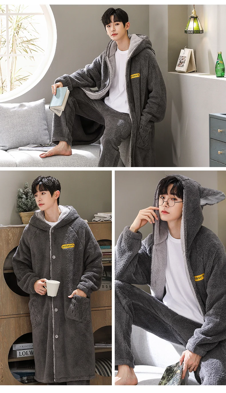 Conjunto de Pijama de Forro Polar Coral Grueso y Extendido para Hombre, Bata de Felpa Cálida de Invierno, Ropa de Dormir a Ju...