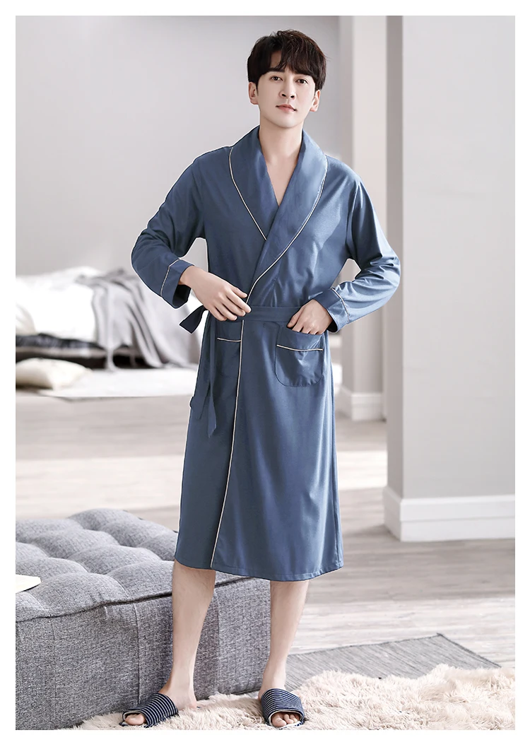 Batas largas para Hombre, kimonos masculinos para primavera y otoño, Pijamas para Hombre, ropa de dormir de manga larga, albornoces para dormir de Modal suave 3XL 4XL