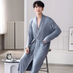 Batas largas para Hombre, kimonos masculinos para primavera y otoño, Pijamas para Hombre, ropa de dormir de manga larga, albornoces para dormir de Modal suave 3XL 4XL - Imagen 3