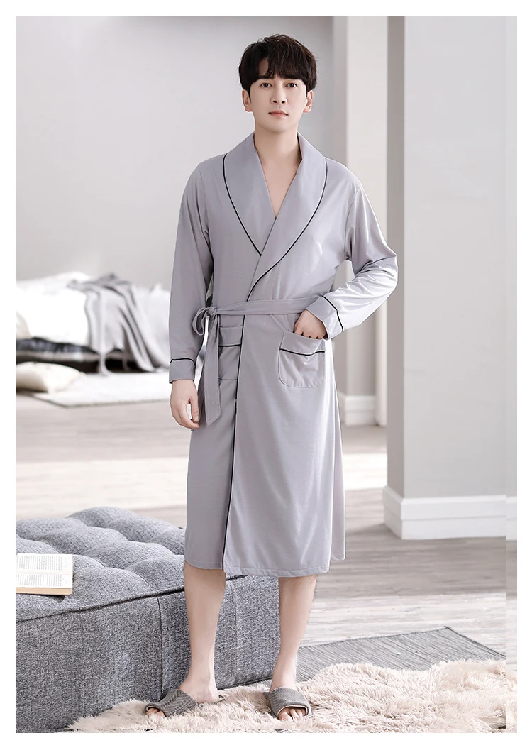 Batas largas para Hombre, kimonos masculinos para primavera y otoño, Pijamas para Hombre, ropa de dormir de manga larga, albornoces para dormir de Modal suave 3XL 4XL