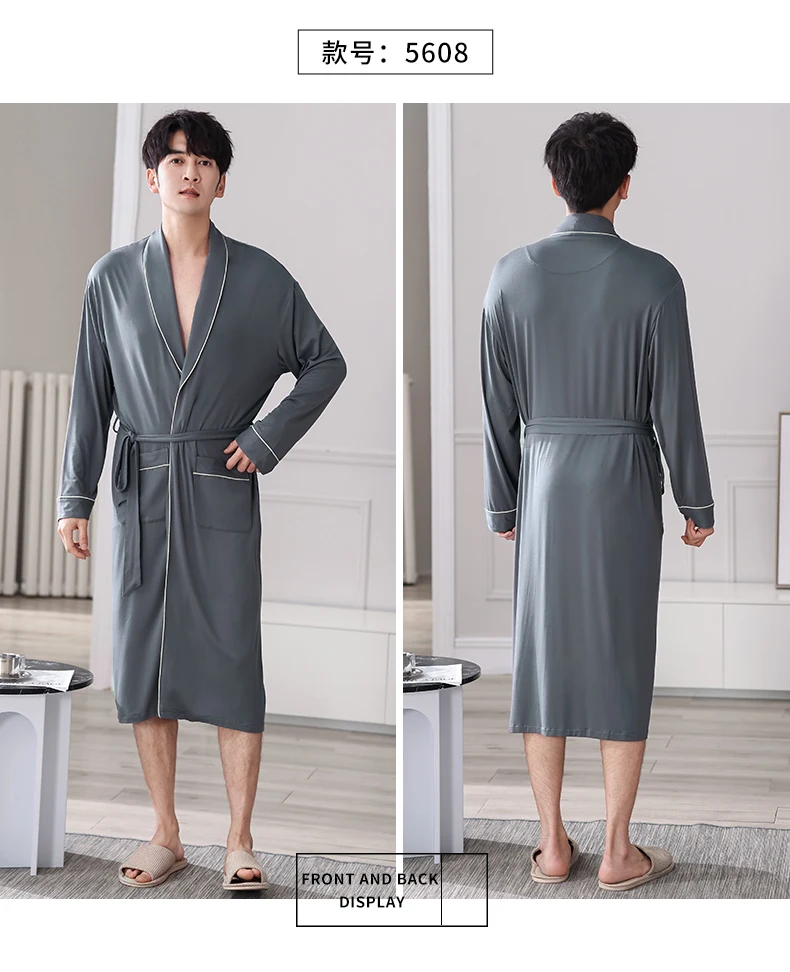 Batas largas para Hombre, kimonos masculinos para primavera y otoño, Pijamas para Hombre, ropa de dormir de manga larga, albornoces para dormir de Modal suave 3XL 4XL
