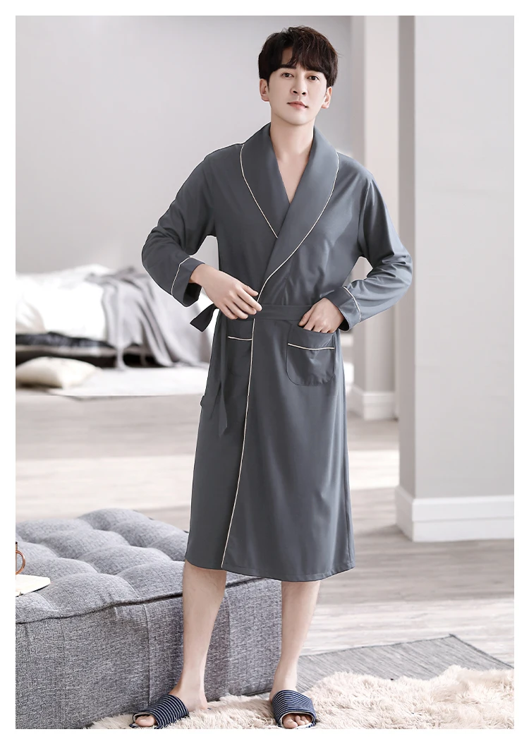 Batas largas para Hombre, kimonos masculinos para primavera y otoño, Pijamas para Hombre, ropa de dormir de manga larga, albornoces para dormir de Modal suave 3XL 4XL