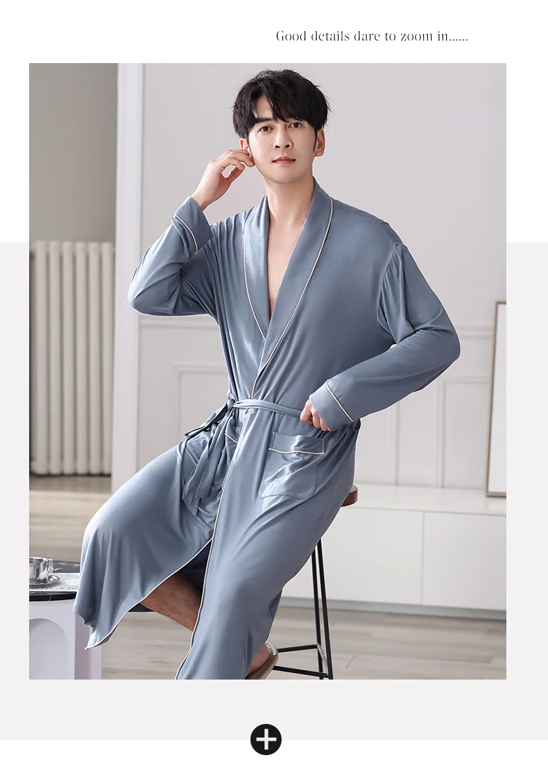 Batas largas para Hombre, kimonos masculinos para primavera y otoño, Pijamas para Hombre, ropa de dormir de manga larga, albornoces para dormir de Modal suave 3XL 4XL