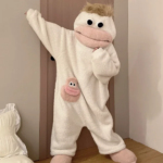 Pijamas de una pieza de dibujos animados de monstruos de boca grande para otoño e invierno, de forro polar coral grueso, cálidos, suaves, informales, para parejas, ropa de estar en casa, en stock. - Imagen 6