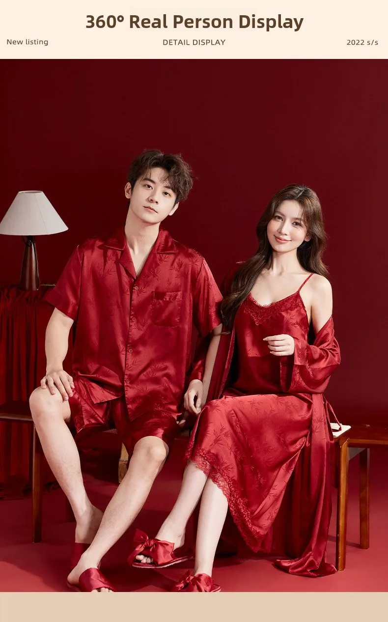 Pijama de seda helada rojo para boda, bata de mañana, conjunto de pareja, vestido nupcial, ropa de casa fina de verano para p...